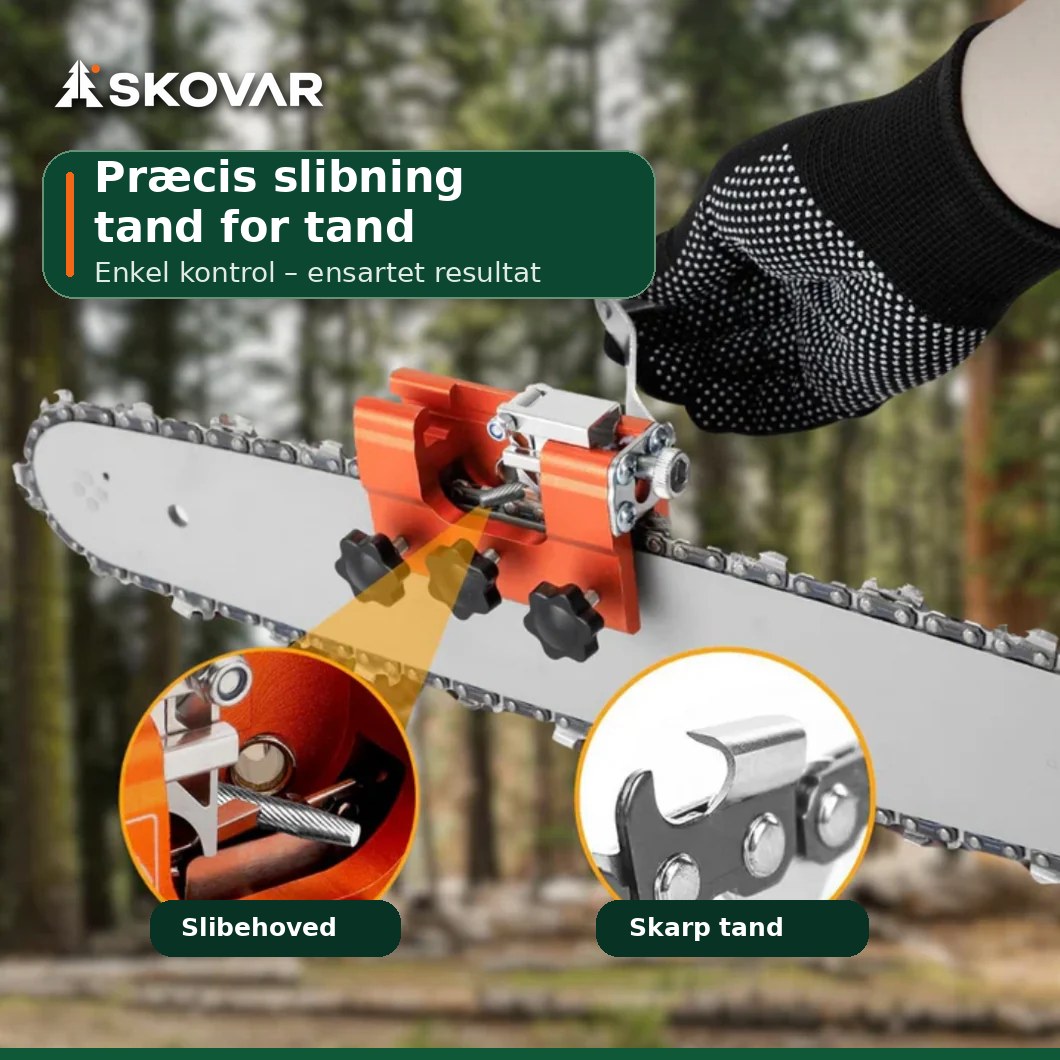 SKOVAR Kædesliber i brug i skoven: præcis slibning tand for tand med behandsket hånd