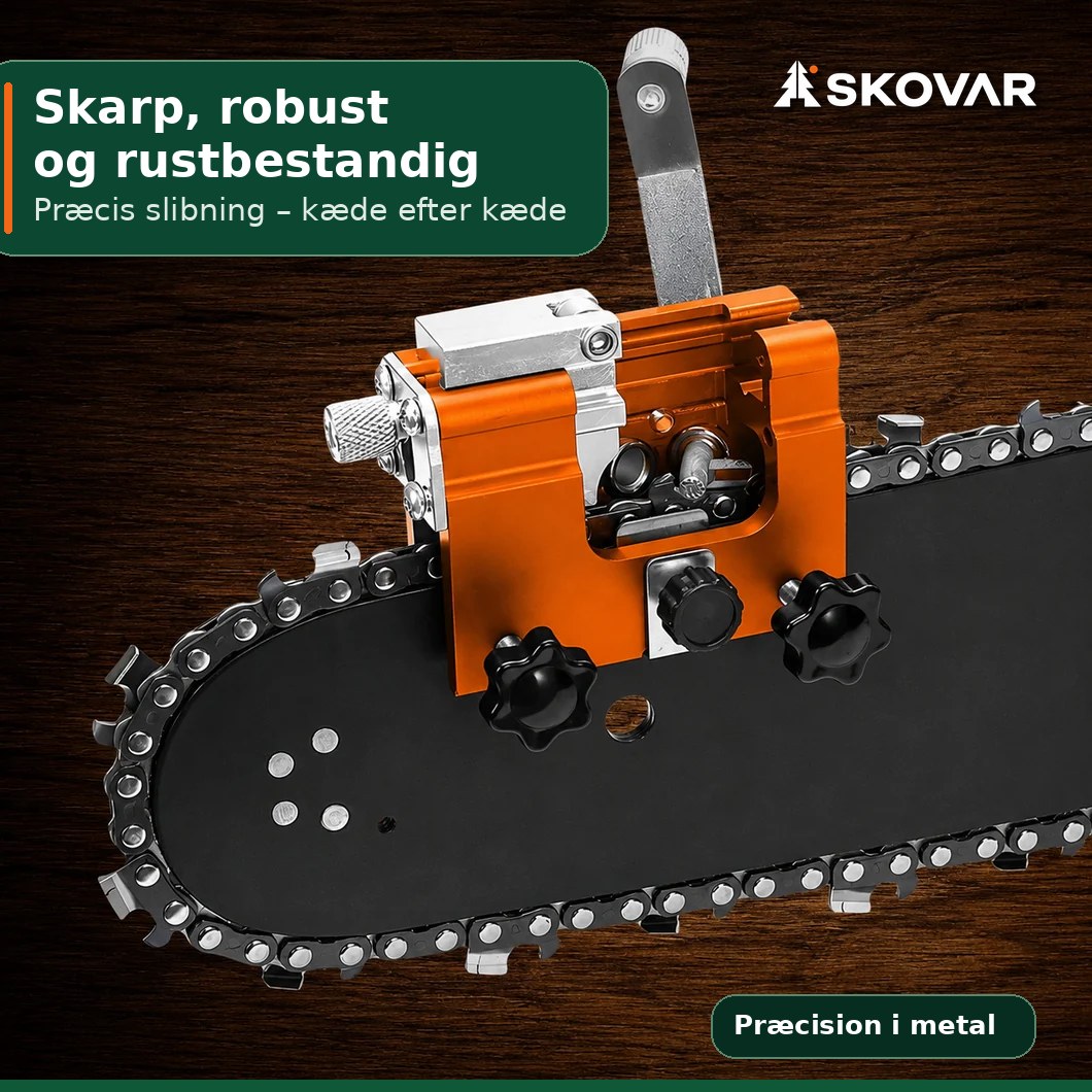 SKOVAR Kædesliber monteret på motorsavens sværd – skarp, robust og rustbestandig
